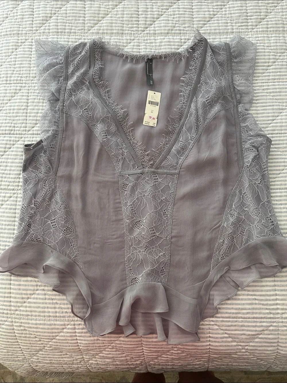 Anthropologie Lace-Panel Ruffle V-Neck Top in Dusty Lavender - Picture 2 of 6